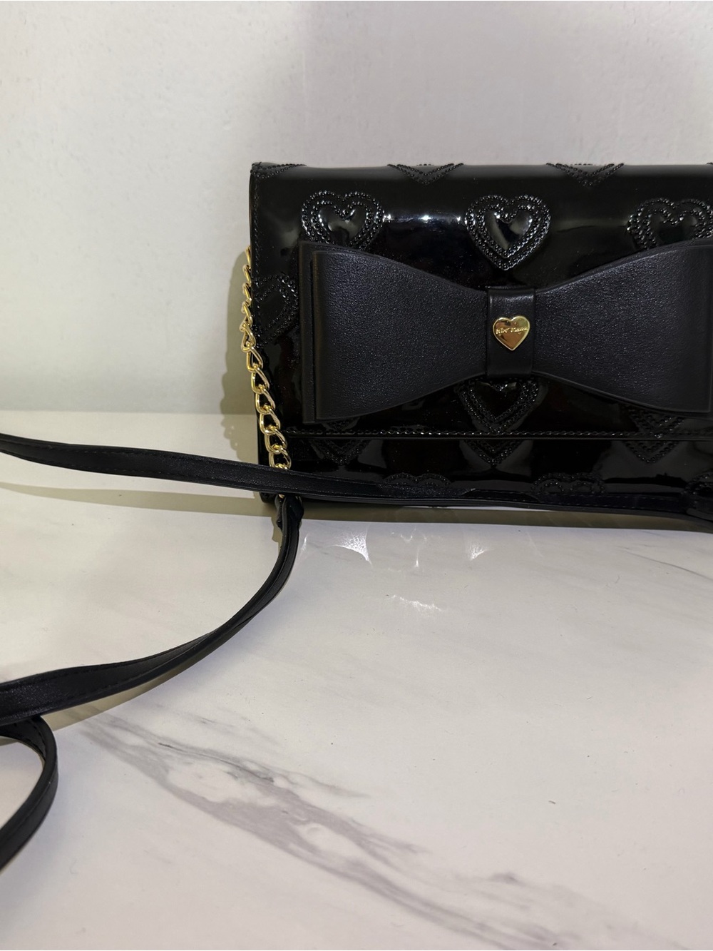 Black Heart-Embossed Bow Crossbody Bag